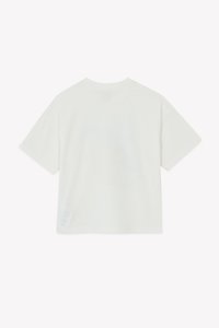 Short-sleeve, crew-neck t-shirt in light cream color, made from soft cotton, featuring a relaxed fit and minimal branding on the side seam.