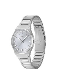 Montre ronde en acier inoxydable argenté avec un cadran argenté clair, des index lumineux et un bracelet en acier inoxydable à maillons. Nom de la marque sur le cadran.