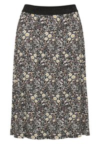 Jupe fleurie avec un fond noir, présentant une variété de petites fleurs blanches et roses. Taille élastiquée avec un léger scintillement.