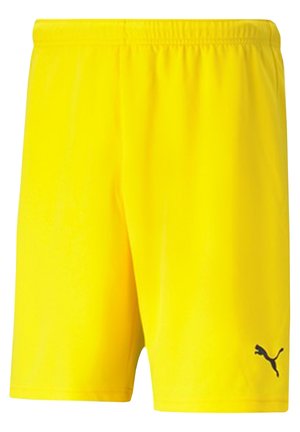 Geel korte broek van lichtgewicht stof met een elastische tailleband. Heeft een zwart Puma-logo aan de onderkant aan de linkerkant.