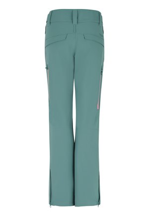 Helle türkisfarbene Outdoor-Hosen mit glatter Textur, ausgestattet mit Reißverschlusstaschen und seitlichen Schlitzen am Saum zur Belüftung.