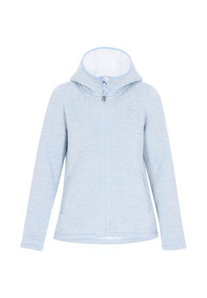 Vaaleansininen fleece-takki, jossa on huppu, koko vetskari ja kaksi sivutaskua. Takissa on pehmeä sisävuori ja säädettävä nyöritys hupussa.