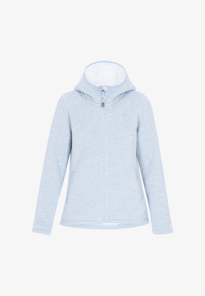 Vaaleansininen fleece-takki, jossa on huppu, koko vetskari ja kaksi sivutaskua. Takissa on pehmeä sisävuori ja säädettävä nyöritys hupussa.