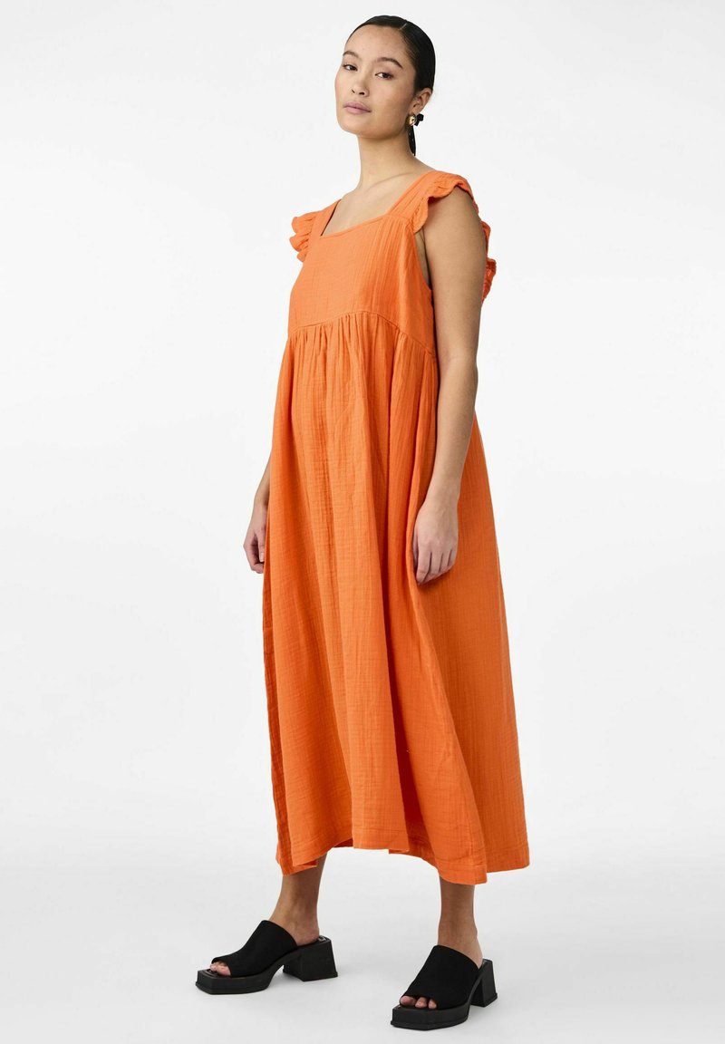 yas orange dress Y.a.s. Wrap Midi Dress With Kimono Sleeve In Orange Plisse