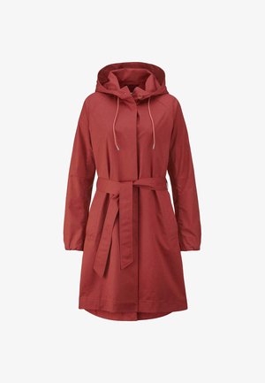 Cappotto rosso con cappuccio, cintura in vita, polsini elastici e tasche laterali, realizzato in un tessuto leggero con una trama liscia.