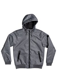 Veste à capuche grise avec doublure matelassée noire, fermeture éclair à l'avant, poches zippées, poignets et ceinture élastiques.