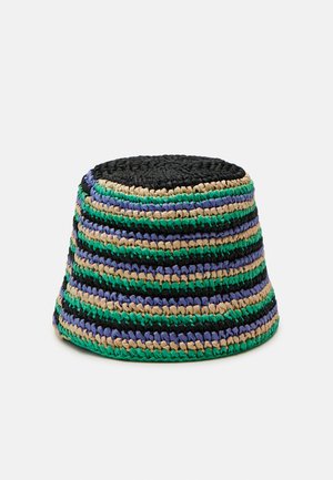 Pīts glabāšanas grozs ar melnām, zaļām, zilām un bežām svītrām. Apaļa augšdaļa, konusveida dizains, izgatavots no austiem materiāliem. Rūpīgi apstrādāta virsma.