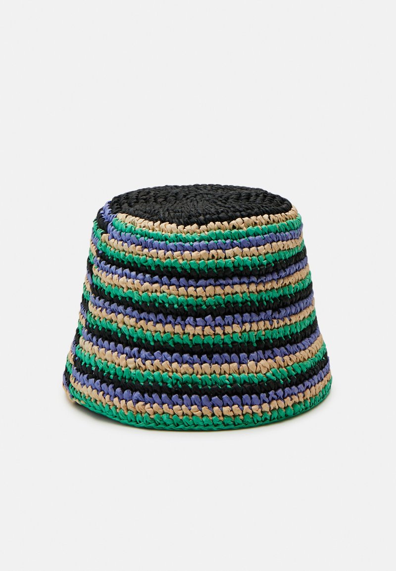 Πλεκτό καλάθι αποθήκευσης με ρίγες σε μαύρο, πράσινο, μπλε και μπεζ. Στρογγυλή κορυφή, κωνική σχεδίαση, φτιαγμένο από υφαντό υλικό. Υφή με ανάγλυφα τελειώματα.