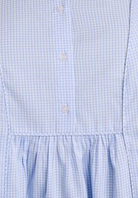 Oprsnica modro-belega karo obleke s sprednjimi gumbi in naborkom v pasu.