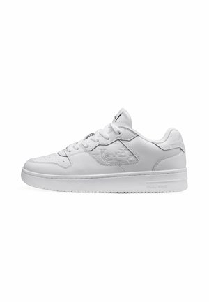 Low-top white leather sneaker with laces, embossed crocodile logo on the side, perforated toe, and flat rubber sole.