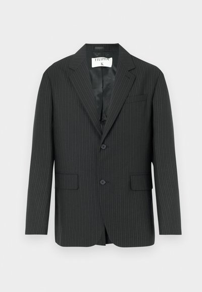 Black pinstripe blazer featuring a single-breasted design, two front pockets, and a notched lapel. Smooth satin interior lining.