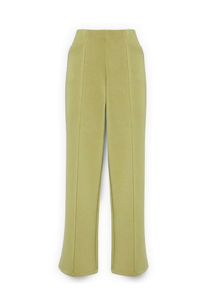 Pantaloni verdi chiaro a vita alta con gamba dritta, cuciture frontali e tasche laterali su sfondo bianco.