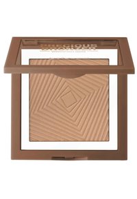 Bronzer in una custodia quadrata trasparente, con una polvere abbronzante texture colorata marrone con un motivo a diamante. Cornice in plastica marrone con etichetta bianca sulla parte superiore.