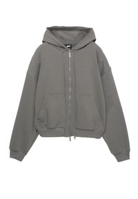 Felpa con cappuccio grigia con zip, cappuccio ampio, polsini e orlo a coste, e due tasche frontali. Realizzata in un materiale morbido e strutturato.