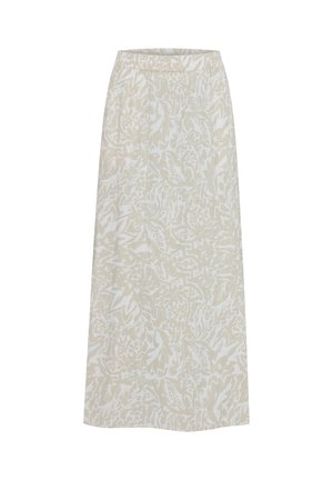 Jupe longue, beige clair avec un motif floral blanc. Fabriquée en tissu doux, elle possède une taille élastique et une silhouette droite et fluide.