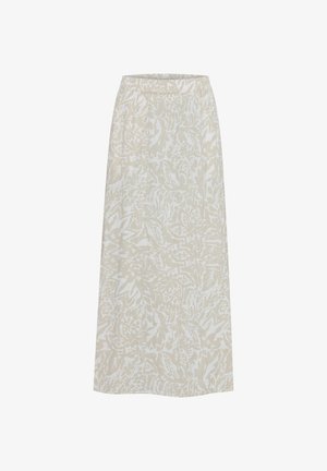 Lange, lichtbeige rok met een witte bloemenprint. Gemaakt van zachte stof, met een elastische tailleband en een rechte, vloeiende silhouet.