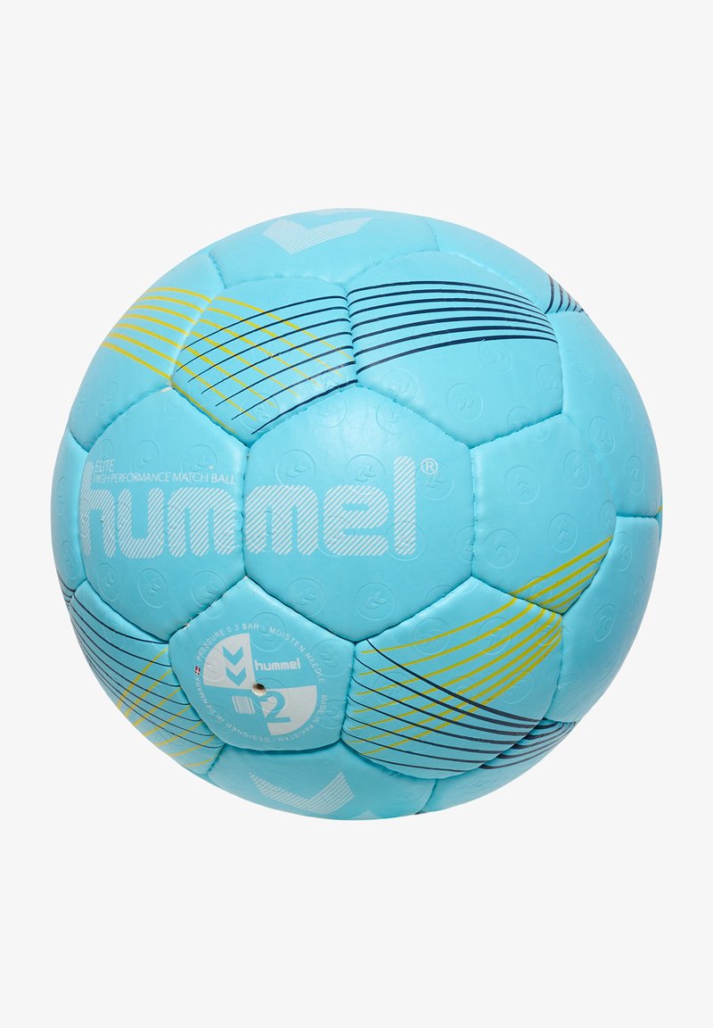 Ljusblå handboll med vita och mönstrade accenter, prydd med gula och blå ränder. Märkt med "hummel" och bollspecificeringar.
