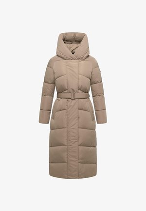 Beige Pufferjacke mit hohem Kragen, tailliertem Gürtel, langen Ärmeln und seitlichen Taschen. Hat gesteppten Bereiche zur Isolierung.