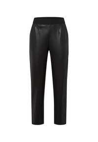 Pantaloni neri in ecopelle con ampia vita elastica, caratterizzati da pieghe frontali e gambe affusolate, che offrono una texture liscia e elegante.