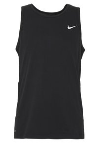 Svart ärmlös sporttop i slät tyg, med rund halsringning och en liten vit Nike-logotyp på framsidan.