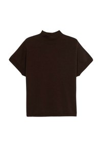 Brązowy krótko rękaw turtleneck wykonany z miękkiej dzianiny. Posiada wysoki kołnierz oraz luźny krój, z ribbowymi detalami przy szyi i u dołu.