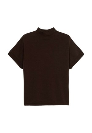 Maglietta a maniche corte marrone con collo alto realizzata in morbido tessuto a maglia. Caratterizzata da un colletto alto e una vestibilità comoda, con dettagli a costine nel collo e nell'orlo.