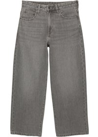 Graue Denim-Hose mit weitem Bein, vorderem Knopf- und Reißverschluss, Gürtelschlaufen und Fünf-Taschen-Design.