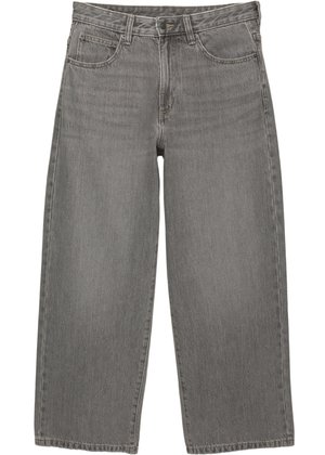 Grey denim wide-leg jeans with front button and zipper closure, belt loops, and five-pocket design.