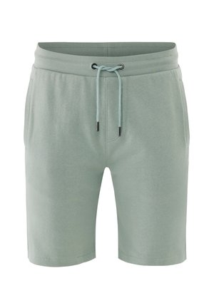 Pantaloncini casual da uomo verde chiaro con vita elastica, coulisse regolabile e tasche laterali, mostrati su uno sfondo bianco.