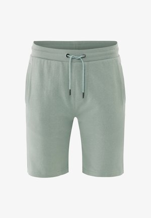 Shorts décontractés verts clairs pour hommes avec ceinture élastique, cordon de serrage ajustable et poches latérales, présentés sur un fond blanc.