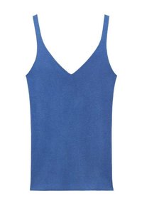 V-neck, sleeveless top in solid blue fabric. Features a fitted silhouette and ribbed texture.