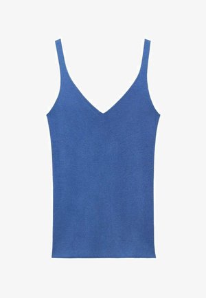 V-neck, sleeveless top in solid blue fabric. Features a fitted silhouette and ribbed texture.