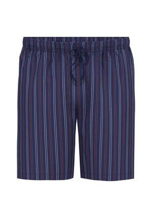 Navy swim shorts with vertical stripes in red and white. Featured elastic waistband with a drawstring. Smooth, lightweight fabric.