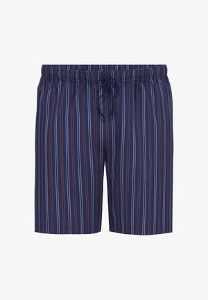 Navy swim shorts with vertical stripes in red and white. Featured elastic waistband with a drawstring. Smooth, lightweight fabric.