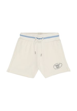 Crèmekleurige korte broek met een elastische tailleband met blauwe strepen, zijzakken, een trekkoord en een cirkelvormig logo op het linkerbeen.