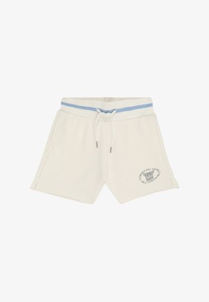 Crèmekleurige korte broek met een elastische tailleband met blauwe strepen, zijzakken, een trekkoord en een cirkelvormig logo op het linkerbeen.