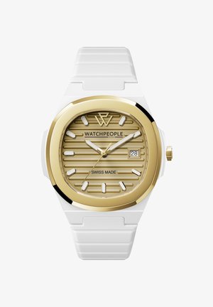 Baltas silikoninis riešinis laikrodis su auksinės spalvos, briaunotu ciferblatu; turi baltus valandų žymeklius, datos rodmenį ir etiketę "SWISS MADE".