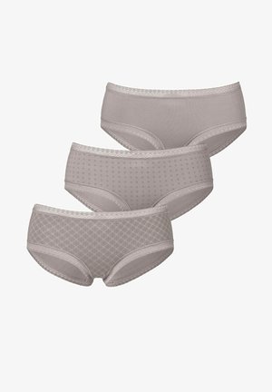 Three pairs of women's underwear in light gray. One solid, one with a dot pattern, and one with a diamond pattern. Soft fabric and lace trim.