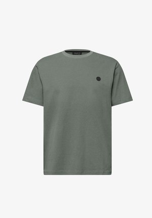 Heren T-shirt met korte mouwen en ronde hals in een gestructureerde grijs-groene kleur, met een klein zwart rond logo op de linkerborst.