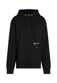Black hoodie made of soft fabric, featuring a front pocket, drawstring hood, and a small white logo on the bottom left.