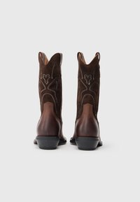Tumepruunist nahast ja suede'ist valmistatud cowboy saapad, kaunistatud õmmeldud mustritega, vaadates tagant valgel taustal.
