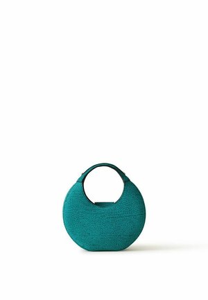 Borsa rotonda color verde petrolio con motivo strutturato e manico circolare, in posizione verticale su sfondo bianco.