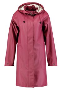 Fioletowy wodoodporny płaszcz przeciwdeszczowy z kapturem, z białą podszewką, dużymi przednimi kieszeniami i regulowanymi sznurkami przy szyi.