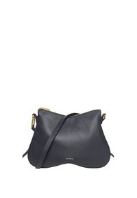 Borsa a spalla in pelle blu scuro con texture liscia, forma curva, ferramenta in tono oro e chiusura con zip. Logo del brand visibile sulla parte anteriore.