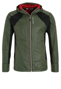 Veste à capuche verte et noire avec doublure intérieure rouge, fermeture éclair frontale et logo de la marque sur la poitrine et la manche.