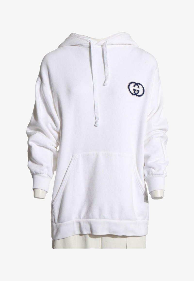 Sweat à capuche blanc à manches longues avec poche avant, cordon de serrage à la capuche et petit logo double anneau sombre sur la poitrine gauche.