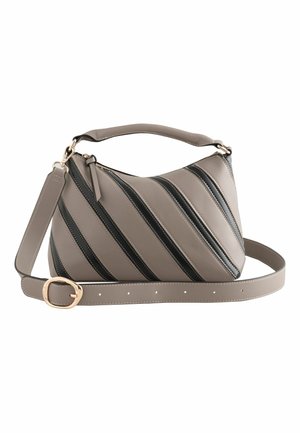 Taupe handbag with diagonal black stripes, gold zipper, short handle, and adjustable long strap with gold buckle.