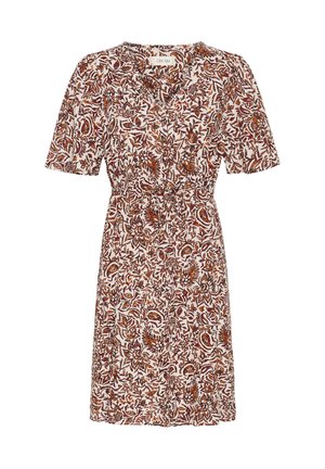 Robe à manches courtes, longueur genou, avec motif floral marron et rouille sur fond crème, col en V, et taille cintrée avec lien.