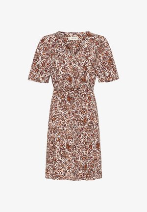 Kurzärmliges, knielanges Kleid mit braunem und rostfarbenem Blumenmuster auf cremefarbenem Hintergrund, V-Ausschnitt und taillierter Passform mit Bindeband.