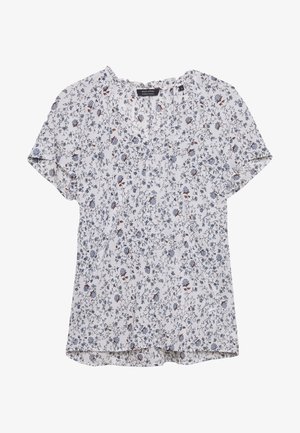 Bluse med korte ærmer og blomsterprint i hvid, dekoreret med blå og røde blomster, v-hals og en let buet kant. Letvægtsstof.